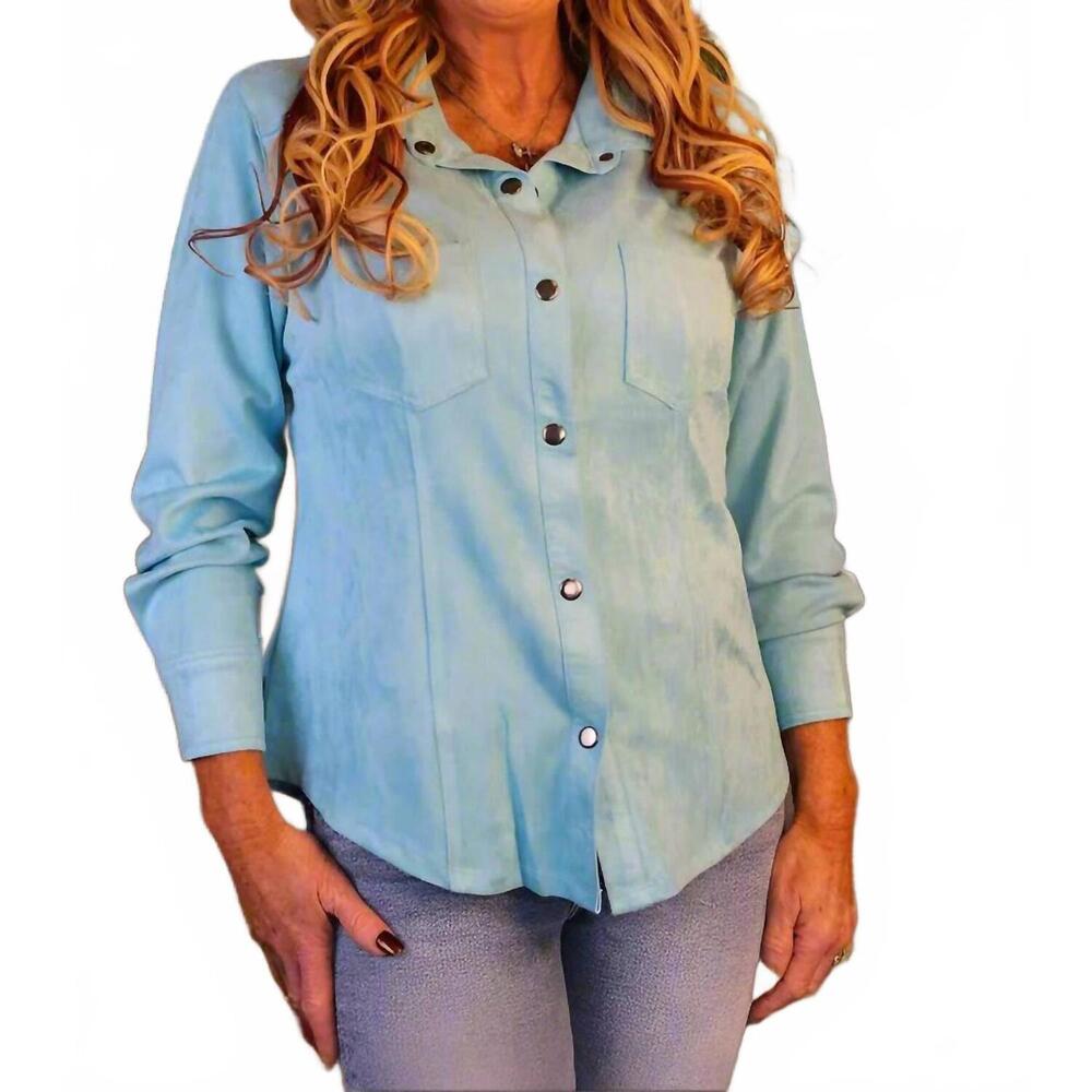 NEW WAY suede snap front shirt in turquoise